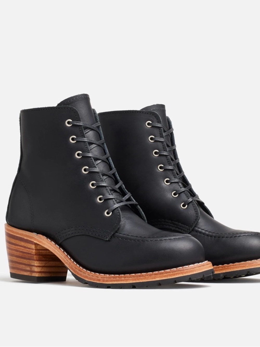 Black Lace-Up Leather Ankle Boots with Stacked Heel